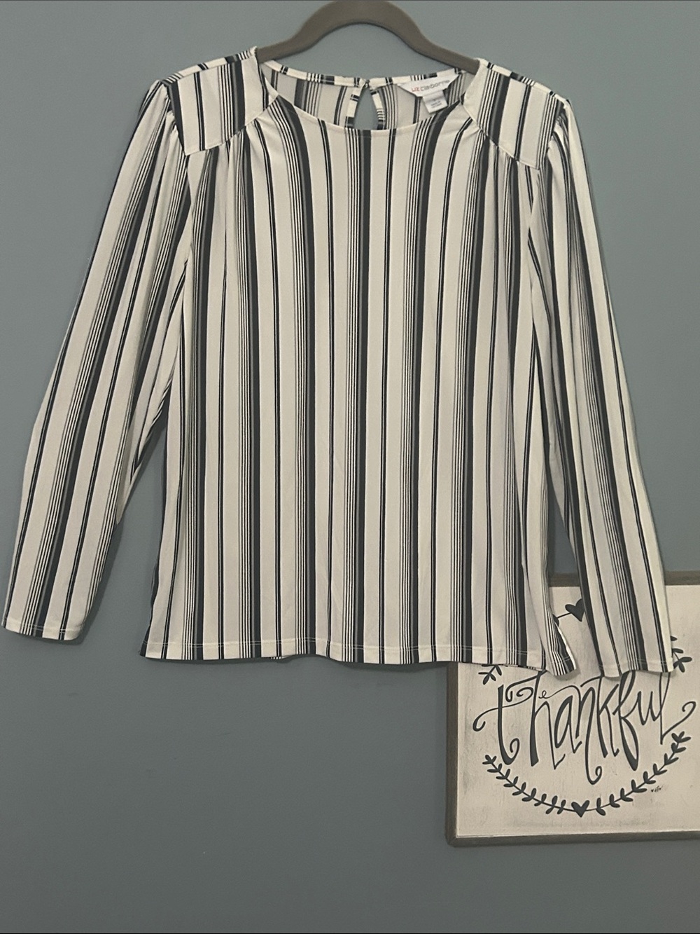 Liz Claiborne Black, Gray and White Vertical Stripe Blouse